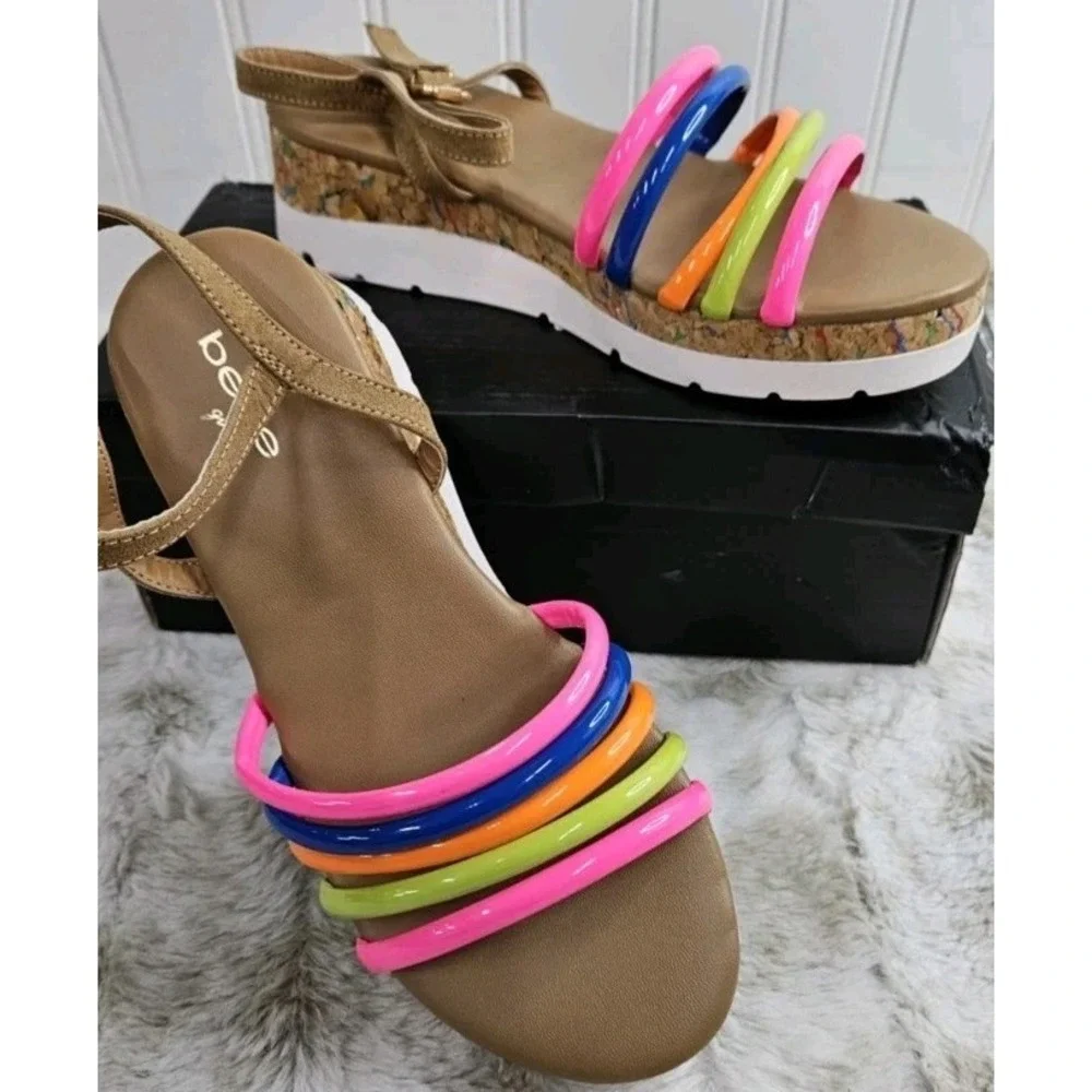 Bebe Girls size 3.5 Rainbow Multi Color Sandals Buckles On Side New BOX MSRP $52